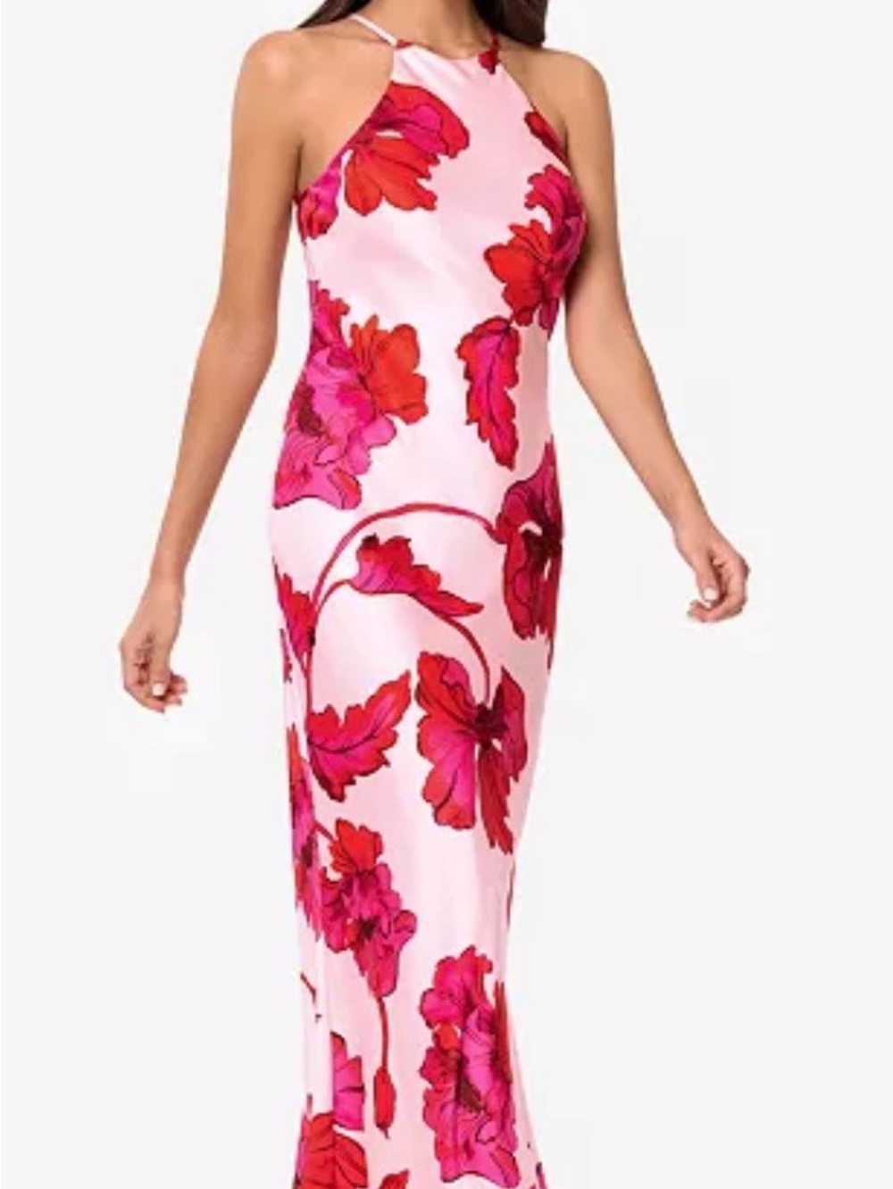 Xscape Pink Maxi Dress with Red & Fuchsia Floral Print